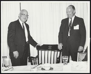 Retirement Memento: Rob Roy Macleod of Buffalo, N.Y., right, president of the Boston University General Alumni Association, presents Boston University chair to Prof. Norman Abbott of Medford, Mass., Director of Placement Services at the University, who is retiring in June. Presentation took place at a recent retirement dinner for Abbott.
