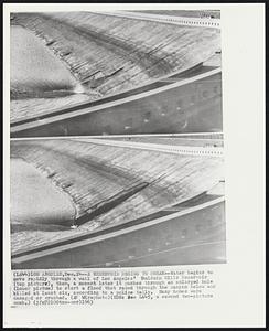 A Reservoir Begins to Break--Water begins to move rapidly through a wall of Los Angeles' Baldwin Hills Reservoir (top picture), then, a moment later it pushes through an enlarged hole (lower picture) to start a flood that raced through the canyon below and killed at least six, according to a police tally. Many homes were damaged or crushed.