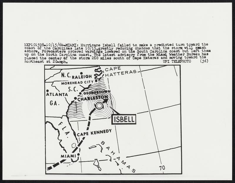 Hurricane Isbell failed to make a predicted turn toward the coast of the Carolinas late 10/15,greatly reducing chances that the storm will smash ashore. Forecasters ordered warnings lowered on the South Carolina coast but left them up on the North Carolina coast. The latest advisory from the Miami Weather Bureau has placed the center of the storm 260 miles south of Cape Hatteras and moving toward the northeast at 20-mph.