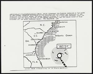 Miami: Hurricane Betsy, which threatens the Eastern seaboard as far north as New Jersey, remained stationary in the Atlantic 9/5 and lashed the coastline of the Carolinas with 10-foot waves. The Miami weather bureau, in a noon EDT advisory, said the hurricane was 335 miles due east of new Smyrna Beach, Fla., and 440 miles south of Cape Hatteras off the North Carolina coast.