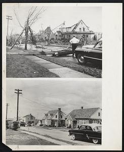 St. James Road-Toppled elms and roofless homes mark the St. James Road section of Shrewsbury the day after the tornado. Lower photo shows same scene today. Ten homes with major damage have been repaired but only two of nine houses completely demolished have been rebuilt.