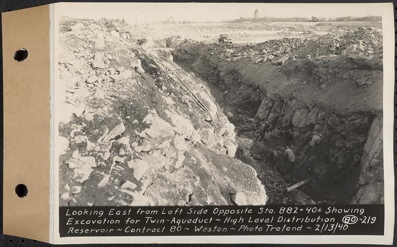 Contract No. 80, High Level Distribution Reservoir, Weston, looking east from left side opposite Sta. 882+40+/- showing excavation for twin aqueduct, high level distribution reservoir, Weston, Mass., Feb. 13, 1940