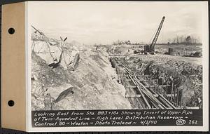 Contract No. 80, High Level Distribution Reservoir, Weston, looking east from Sta. 883+10+/- showing invert of upper pipe of twin aqueduct line, high level distribution reservoir, Weston, Mass., Apr. 2, 1940