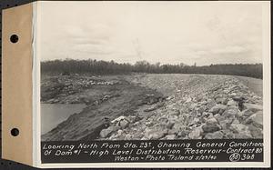 Contract No. 80, High Level Distribution Reservoir, Weston, looking north from Sta. 23+/-, showing general conditions of dam 1, high level distribution reservoir, Weston, Mass., May 29, 1940