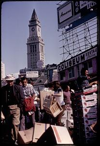 People shopping at the Haymarket, Custom House tower in background