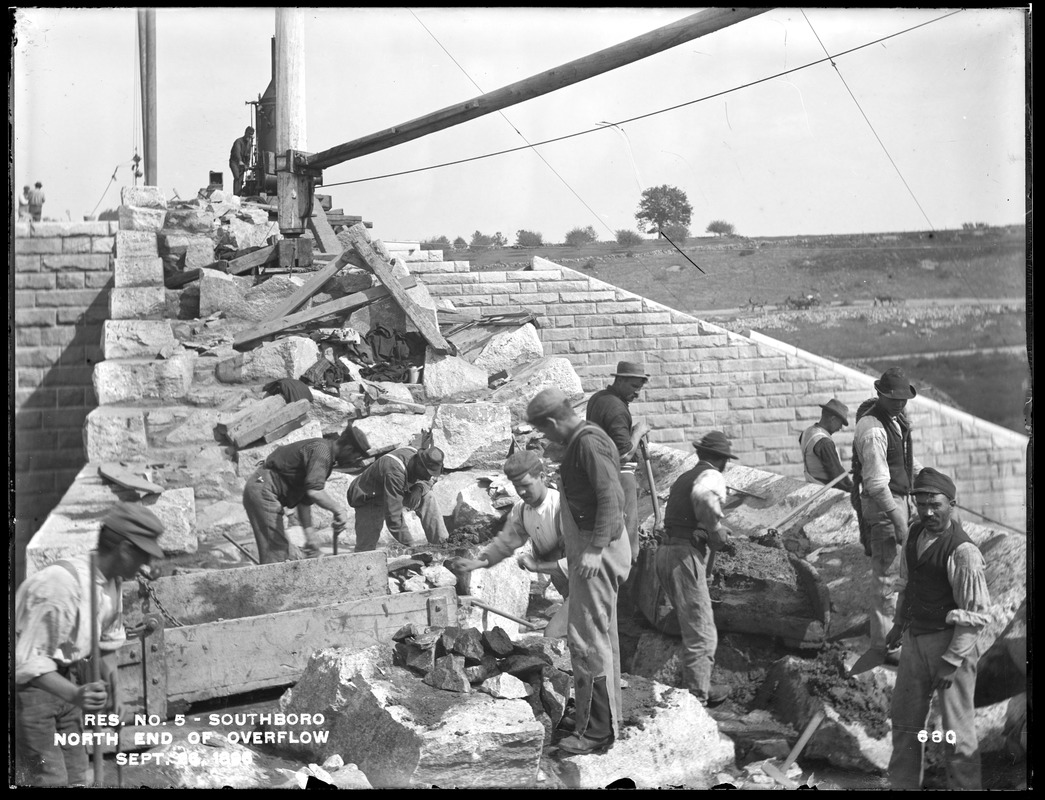 Sudbury Reservoir, stone work near north end of overflow, Sudbury Dam, from the south, Southborough, Mass., Sep. 26, 1896