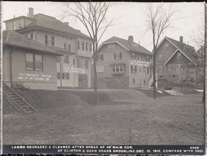 Distribution Department, break, lawns regraded and cleaned after break in 48-inch main, corner of Clinton and Dean Roads (compare with No. 6951) (lawns in rear of houses on Clinton Road), Brookline, Mass., Dec. 10, 1913