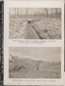 Wachusett Department, Wachusett Watershed, Gates Brook Improvement, preliminary ditch at State Highway culvert, lower end of settlement; preliminary ditch north from Bowles Avenue, West Boylston, Mass., Dec. 1915