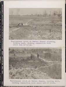 Wachusett Department, Wachusett Watershed, Gates Brook Improvement, preliminary ditch at Bowles Avenue crossing, looking east, showing connection with small arm of brook; preliminary ditch at Bowles Avenue, looking west, showing connection with small arm of brook, West Boylston, Mass., Dec. 1915