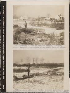 Wachusett Department, Wachusett Watershed, Gates Brook Improvement, preliminary ditch at Bowles Avenue, looking west and east, showing connection with small arm of brook; preliminary ditch at Bowles Avenue crossing,, West Boylston, Mass., Dec. 1915