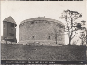 Distribution Department, Southern Extra High Service Bellevue Reservoir, west side of masonry tower, Bellevue Hill (compare with No. 7268), West Roxbury, Mass., May 10, 1916