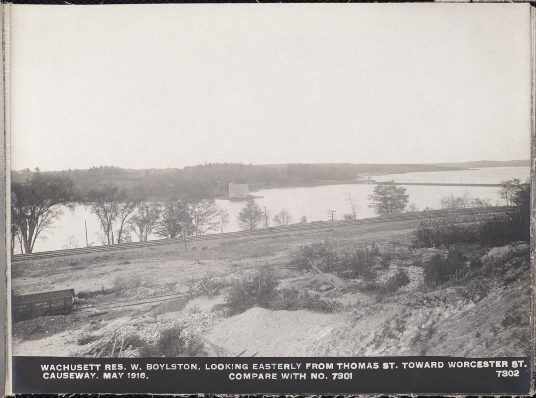 Wachusett Department, Wachusett Reservoir, looking easterly from Thomas Street toward Worcester Street causeway (compare with No. 7301), West Boylston, Mass., May 1, 1916