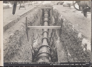 Distribution Department, Low Service Pipe Lines, 30-inch x 10-inch Venturi meter in Perkins Street, at Boston boundary line, Somerville, Mass., Dec. 19, 1916