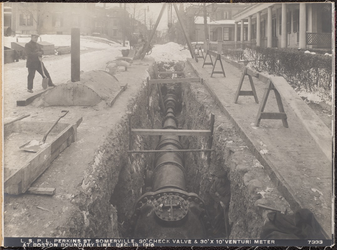 Distribution Department, Low Service Pipe Lines, 30-inch check valve and 30-inch x 10-inch Venturi meter in Perkins Street, at Boston boundary line, Somerville, Mass., Dec. 19, 1916