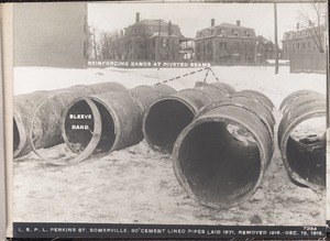 Distribution Department, Low Service Pipe Lines, 30-inch cement lined pipes laid in 1871 in Perkins Street, removed in 1916, Somerville, Mass., Dec. 19, 1916