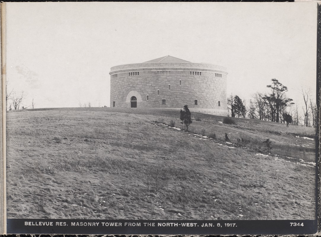Distribution Department, Southern Extra High Service Bellevue Reservoir, masonry tower from the northwest, Bellevue Hill, West Roxbury, Mass., Jan. 8, 1917