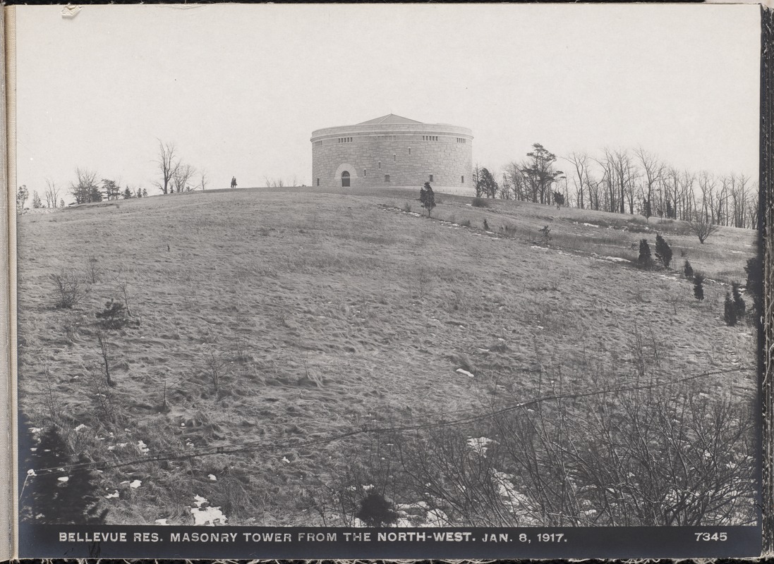 Distribution Department, Southern Extra High Service Bellevue Reservoir, masonry tower from the northwest, Bellevue Hill, West Roxbury, Mass., Jan. 8, 1917