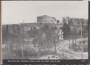 Distribution Department, Southern Extra High Service Bellevue Reservoir, masonry tower from the west, Bellevue Hill, West Roxbury, Mass., Jan. 8, 1917