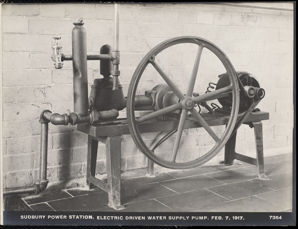 Sudbury Department, Sudbury Dam Hydroelectric Power Plant, electric driven water supply pump, Southborough, Mass., Feb. 7, 1917