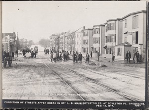 Distribution Department, Low Service Pipe Lines, condition of streets after break in 30-inch main, Boylston Street at Boylston Place, looking west from Cameron Street, Brookline, Mass., Feb. 14, 1917