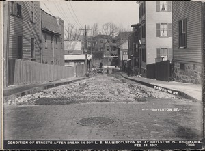 Distribution Department, Low Service Pipe Lines, condition of streets after break in 30-inch main, Boylston Street at Boylston Place; Cameron Street, Brookline, Mass., Feb. 14, 1917