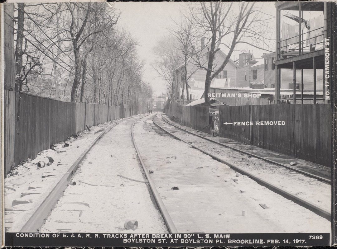 Distribution Department, Low Service Pipe Lines, condition of Boston & Albany Railroad tracks after break in 30-inch main, Boylston Street at Boylston Place, Brookline, Mass., Feb. 14, 1917