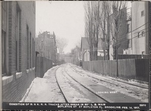 Distribution Department, Low Service Pipe Lines, condition of Boston & Albany Railroad tracks after break in 30-inch main, Boylston Street at Boylston Place, looking west, Brookline, Mass., Feb. 14, 1917