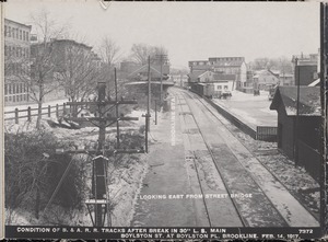 Distribution Department, Low Service Pipe Lines, condition of Boston & Albany Railroad tracks after break in 30-inch main, Boylston Street at Boylston Place, looking east from Washington Street Bridge, Brookline, Mass., Feb. 14, 1917