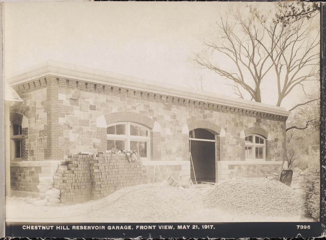 Distribution Department, Chestnut Hill Reservoir, garage, front view, Brighton, Mass., May 21