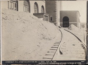 Distribution Department, Chestnut Hill Low Service Pumping Station, anthracite screenings stored outside of bins, Brighton, Mass., Aug. 15, 1918