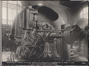 Wachusett Department, Wachusett Dam Hydroelectric Power Plant, break in turbine No. 2, close view showing governor, Clinton, Mass., Feb. 17, 1919