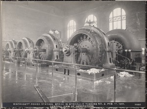 Wachusett Department, Wachusett Dam Hydroelectric Power Plant, break in turbine No. 2, general view of generators, Clinton, Mass., Feb. 17, 1919