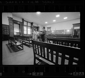 Suffolk Law School students in empty courtroom, Somerville, MA