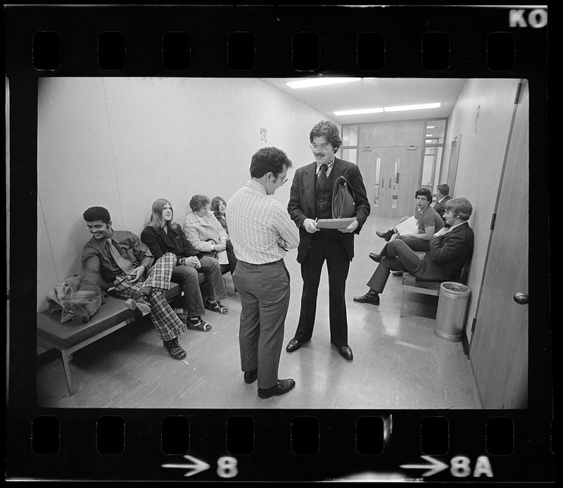 Suffolk Law School students in courtroom hallway, Somerville, MA ...