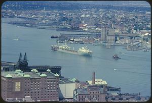 Elevated view of wharfs along Boston Harbor
