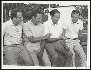 The Score's the Same-Pat Groper and partner Earle Sidell (left) check card against that of Bernard Shapiro and Burton Stern at Belmont C.C. Both twosomes shot 66 to tie for the lead.