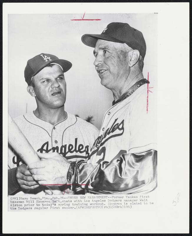 Under New Management--Former Yankee first baseman Bill Skowron left,chats with Los Angeles Dodgers manager Walt Aston prior to today’s spring training workout. Skowron is slated to be the Dodgers regular first sacker.