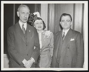 "Information Please" Star Franklin P. Adams (left), columnist and radio sage who spoke at a luncheon yesterday sponsored by the Temple Israel Sisterhood at the Statler. With him are Mrs. Jerome Dreyfus Bauer, chairman and Rabbi Loth Liebman.