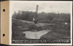 Contract No. 55, Portion of Petersham-New Salem Highway, Petersham, Franklin County (Worcester County?), backfill and peat excavation at Sta. 217+, looking southwest, Franklin County, Mass., Jul. 6, 1936