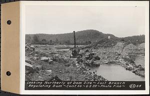 Contract No. 66, Regulating Dams, Middle Branch (New Salem), and East Branch of the Swift River, Hardwick and Petersham (formerly Dana), looking northerly at dam site, east branch regulating dam, Hardwick, Mass., Jun. 5, 1939