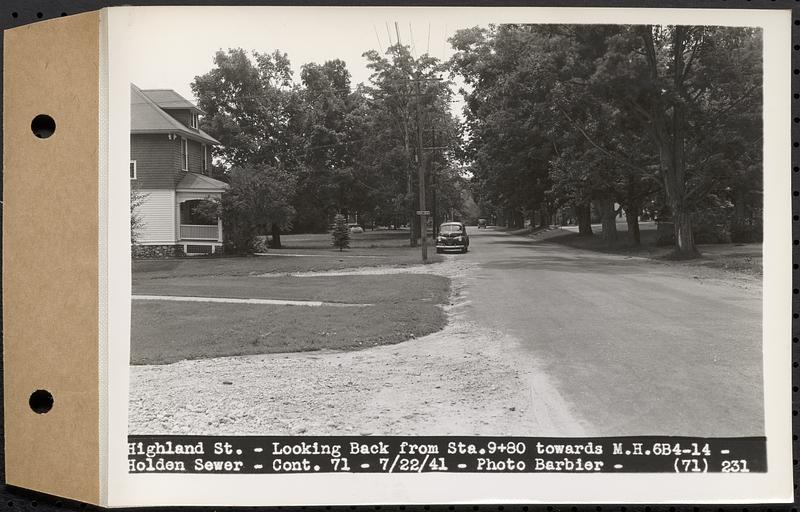 Contract No. 71, WPA Sewer Construction, Holden, Highland Street, looking back from Sta. 9+80 towards manhole 6B4-14, Holden Sewer, Holden, Mass., Jul. 22, 1941