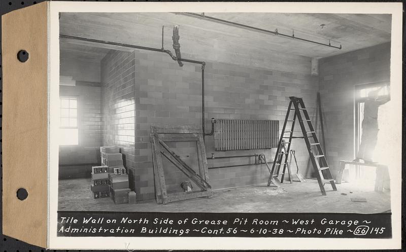 Contract No. 56, Administration Buildings, Main Dam, Belchertown, tile wall on north side of grease pit room, west garage, administration buildings, Belchertown, Mass., Jun. 10, 1938