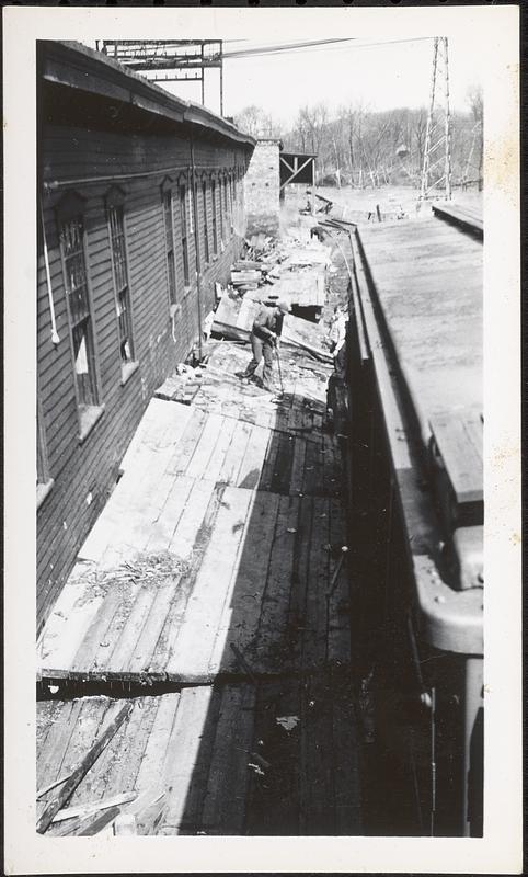 Pepperell Paper Mill flood damage with trestle and freight car