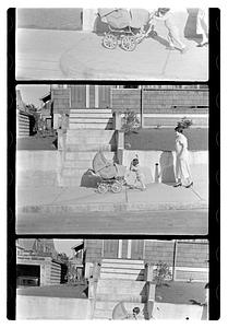 A child pushing a baby carriage in front of steps, Maude Sanromá on right