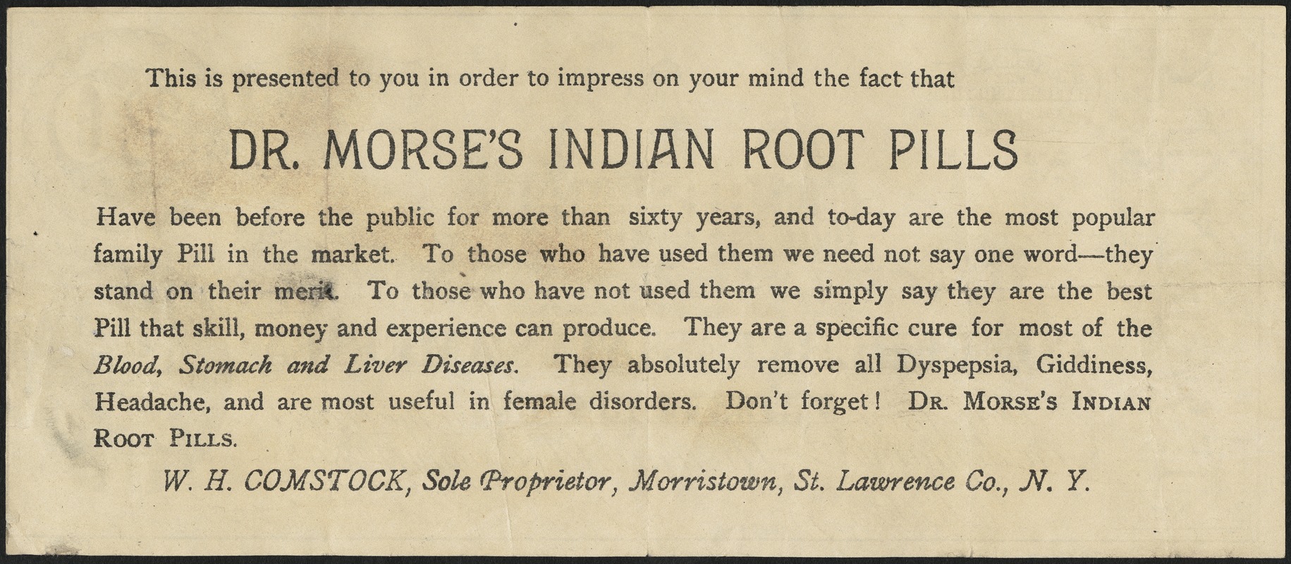 The Confederate States of America twenty dollars - This is presented to you in order to impress on your mind the fact that Dr. Morse Indian Root Pills have been before the public for more than sixty years, and to-day are the most popular family pill in the market.