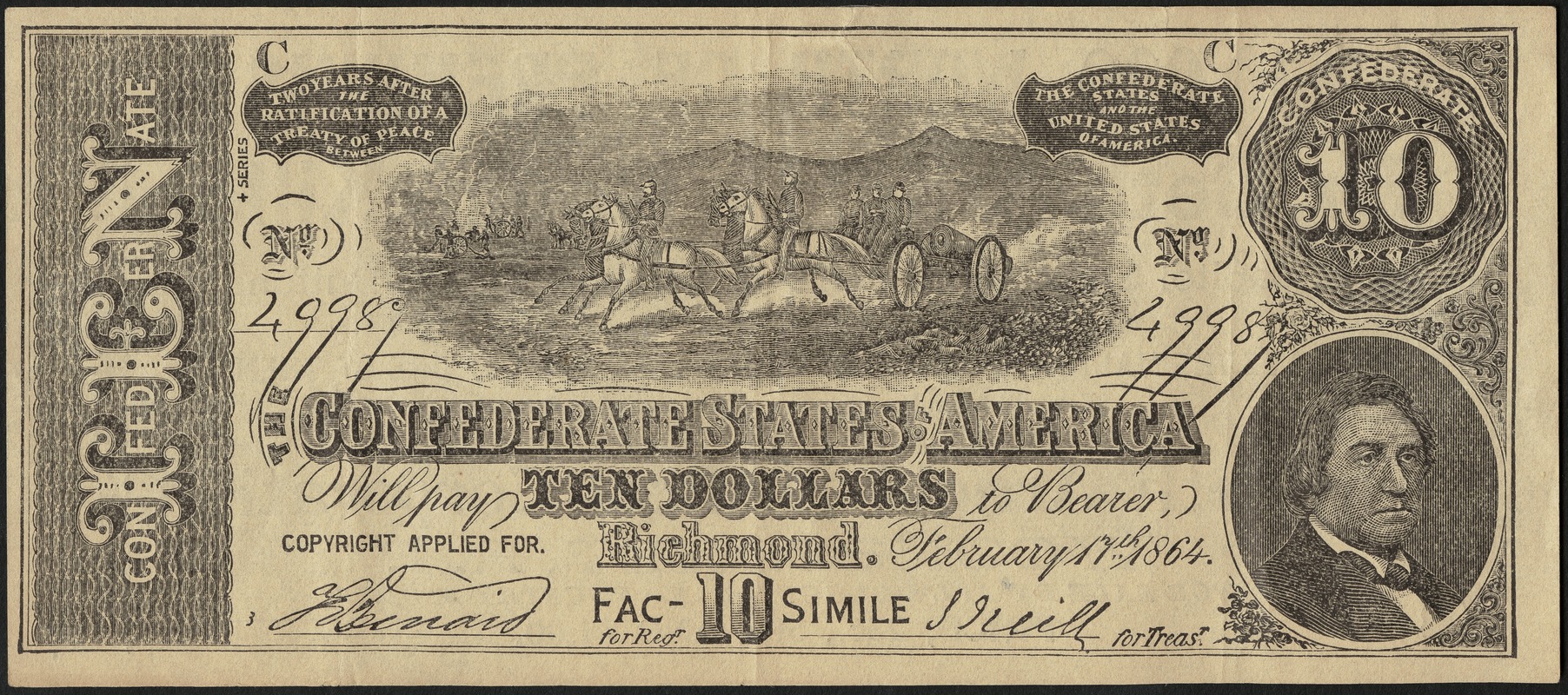 The Confederate States of America ten dollars - $10,000 worth of premiums! To be given away with Dr. Seth Arnold's Cough Killer.