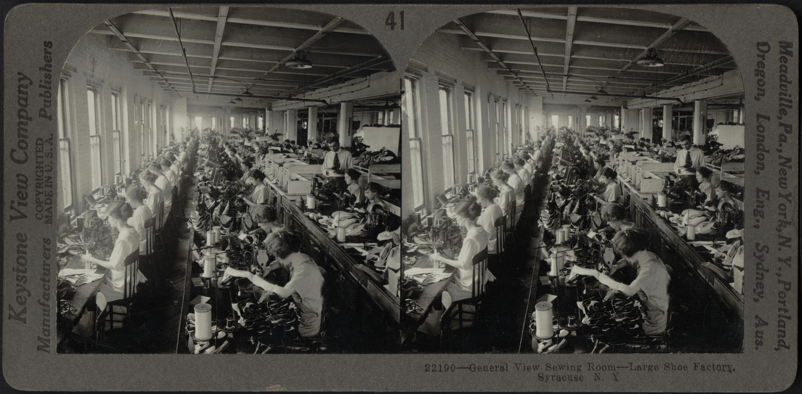 Sewing room in a large shoe factory, Syracuse, N.Y.
