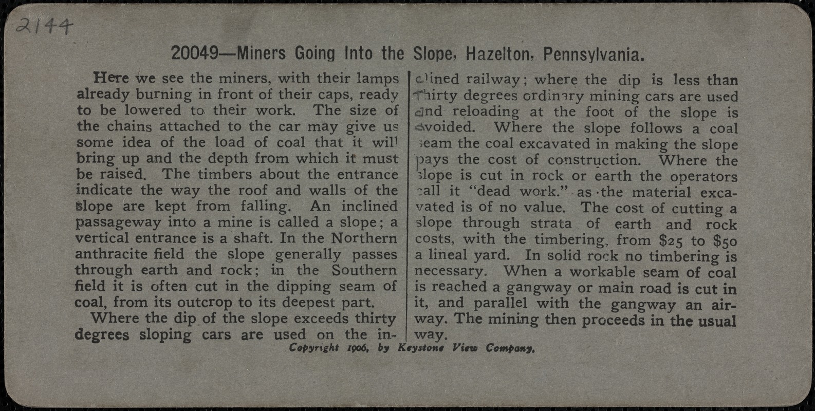 Miners going into the slope, Hazelton, Pennsylvania