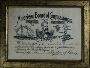 Missionary stock certificate, schooner Robert W. Logan