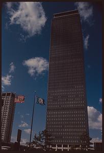 Flags flying next to Prudential Tower, Boston